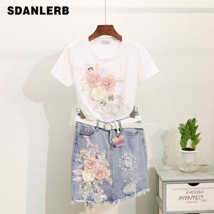 Summer Girls Lady Vacation Outfit 2019 Woman's Fashion Pearl Embroidered Three-dimensional Flower Tshirt + Grinded Jean Skirt