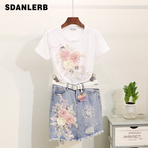 Summer Girls Lady Vacation Outfit 2019 Woman's Fashion Pearl Embroidered Three-dimensional Flower Tshirt + Grinded Jean Skirt