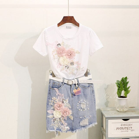 Summer Girls Lady Vacation Outfit 2019 Woman's Fashion Pearl Embroidered Three-dimensional Flower Tshirt + Grinded Jean Skirt