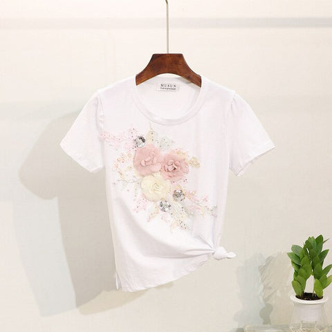 Summer Girls Lady Vacation Outfit 2019 Woman's Fashion Pearl Embroidered Three-dimensional Flower Tshirt + Grinded Jean Skirt