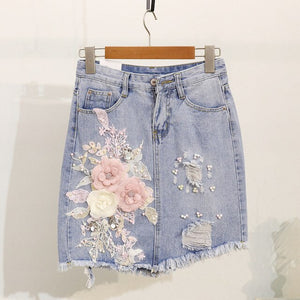 Summer Girls Lady Vacation Outfit 2019 Woman's Fashion Pearl Embroidered Three-dimensional Flower Tshirt + Grinded Jean Skirt