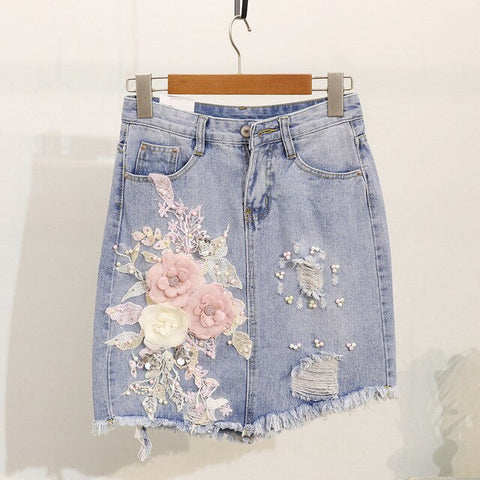 Summer Girls Lady Vacation Outfit 2019 Woman's Fashion Pearl Embroidered Three-dimensional Flower Tshirt + Grinded Jean Skirt