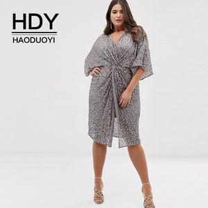 HDY Haoduoyi 2019 New Arrival Fashion Sexy Large Size V-neck Twist Sequin Bell sleeve Medium and long section Women Dress