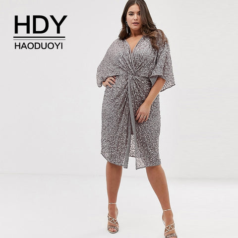 HDY Haoduoyi 2019 New Arrival Fashion Sexy Large Size V-neck Twist Sequin Bell sleeve Medium and long section Women Dress