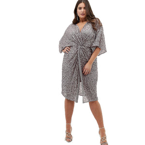 HDY Haoduoyi 2019 New Arrival Fashion Sexy Large Size V-neck Twist Sequin Bell sleeve Medium and long section Women Dress