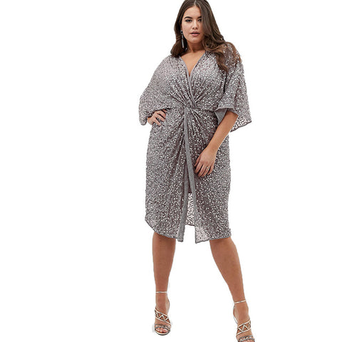 HDY Haoduoyi 2019 New Arrival Fashion Sexy Large Size V-neck Twist Sequin Bell sleeve Medium and long section Women Dress