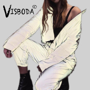 Women Oversized Cotton Cropped Jacket Fashion Winter Thick Pullover Night Reflection Coat Ins Female Warm Loose Zipper Outwear