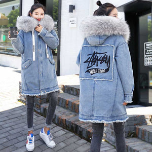 Warm denim jacket 2019 winter new embroidered long hooded denim coat female Korean straight big fur collar thick woman coat