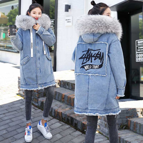 Warm denim jacket 2019 winter new embroidered long hooded denim coat female Korean straight big fur collar thick woman coat
