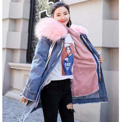 Warm denim jacket 2019 winter new embroidered long hooded denim coat female Korean straight big fur collar thick woman coat