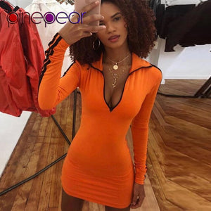 PinePear Orange Striped Long Sleeve Lapel Neck Mini Sport Dress 2019 Women Zipper Bodycon Sportswear Tennis Dress Drop Shipping