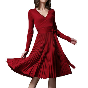 Women's Knitted Pleated V-Neck Midi Dress High Waist Bowtie Lace Up Vintage Woman's Dresses 2019 Summer Fashion Female Clothes