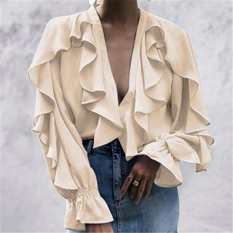 Women Ladies Chiffon Ruffle Bell Sleeve Blouses Woman's Loose Shirt Top Summer Blouse Tops Fashion New 2019 Women Blouse