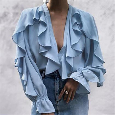 Women Ladies Chiffon Ruffle Bell Sleeve Blouses Woman's Loose Shirt Top Summer Blouse Tops Fashion New 2019 Women Blouse