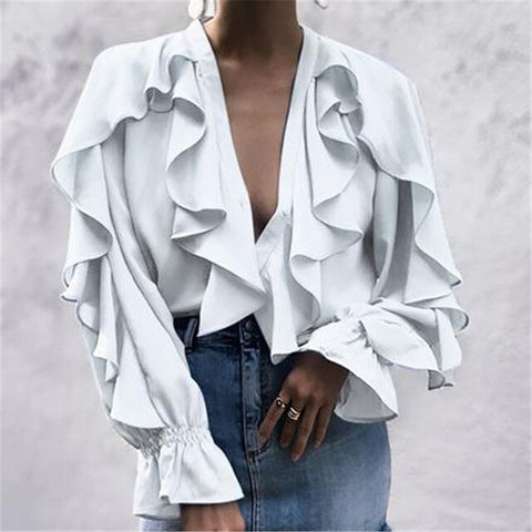 Women Ladies Chiffon Ruffle Bell Sleeve Blouses Woman's Loose Shirt Top Summer Blouse Tops Fashion New 2019 Women Blouse