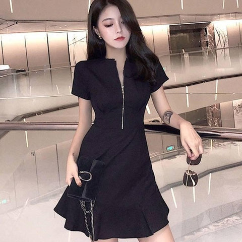Plus Size New 2020 Zip Dresses Korean Loose Brief Fashion Dress Women High Waist Woman's A-line O-neck Vestido