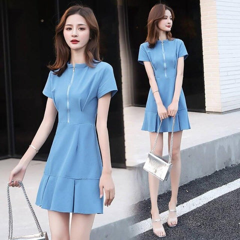 Plus Size New 2020 Zip Dresses Korean Loose Brief Fashion Dress Women High Waist Woman's A-line O-neck Vestido