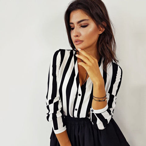 Women Fashion Summer Striped Long Sleeve Blouses V Neck Loose Shirts Casual Blouse Woman's Tops Blusa De Las Mujeres Camisas
