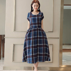 2019 Fashion Women Dress Summer Short SleevedMid-Calf O-Neck Woman's Vintage Plaid Dress