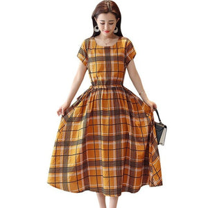 2019 Fashion Women Dress Summer Short SleevedMid-Calf O-Neck Woman's Vintage Plaid Dress