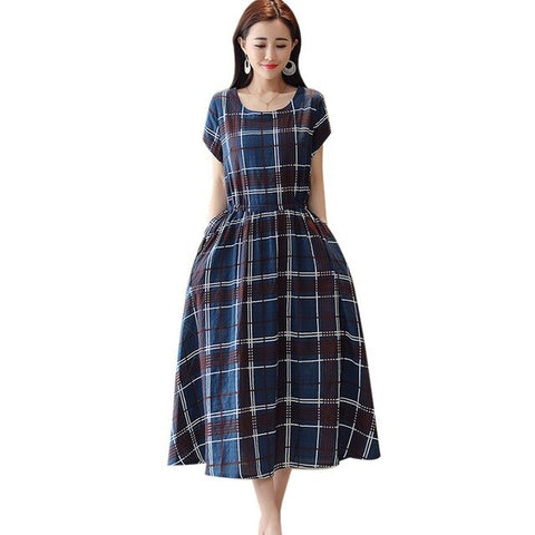 2019 Fashion Women Dress Summer Short SleevedMid-Calf O-Neck Woman's Vintage Plaid Dress