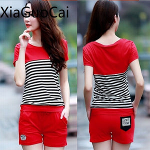 Fashion 2018 Summer Woman's Clothing Sets Cotton Female T-shirts and Shorts Suit Casual Two-piece Striped Sets for Ladies