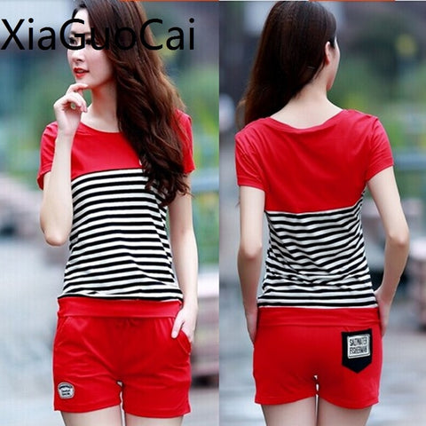 Fashion 2018 Summer Woman's Clothing Sets Cotton Female T-shirts and Shorts Suit Casual Two-piece Striped Sets for Ladies