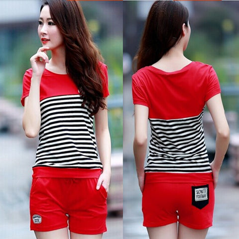 Fashion 2018 Summer Woman's Clothing Sets Cotton Female T-shirts and Shorts Suit Casual Two-piece Striped Sets for Ladies
