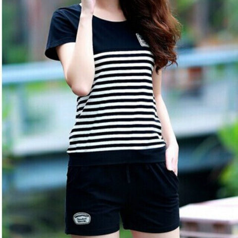 Fashion 2018 Summer Woman's Clothing Sets Cotton Female T-shirts and Shorts Suit Casual Two-piece Striped Sets for Ladies