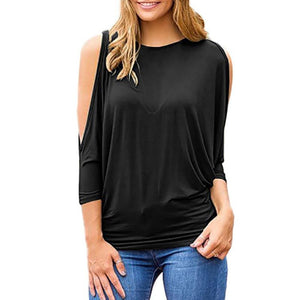Newest Summer Fashion Strapless T-shirts For Women Loose 3/4 Sleeve O-neck Cotton Woman's t shirts Sexy Tees Regular Casual Tops