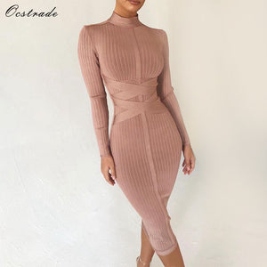 Ocstrade Bodycon Dress 2019 Nude Turtleneck Rayon Long Sleeve Bandage Dress High Quality Ribbed Womens Midi Bandage Dress Sexy