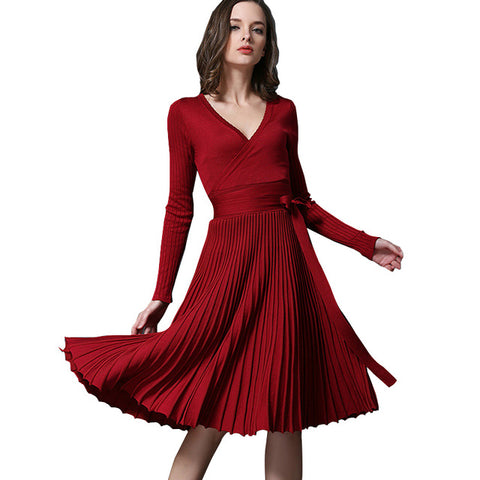 Women's Knitted Pleated V-Neck Midi Dress High Waist Bowtie Lace Up Vintage Woman's Dresses 2019 Summer Fashion Female Clothes