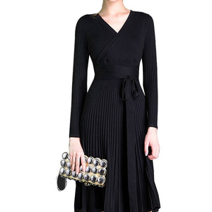 Women's Knitted Pleated V-Neck Midi Dress High Waist Bowtie Lace Up Vintage Woman's Dresses 2019 Summer Fashion Female Clothes