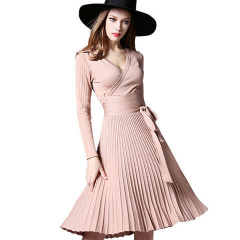 Women's Knitted Pleated V-Neck Midi Dress High Waist Bowtie Lace Up Vintage Woman's Dresses 2019 Summer Fashion Female Clothes