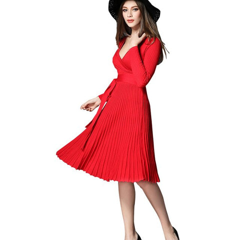 Women's Knitted Pleated V-Neck Midi Dress High Waist Bowtie Lace Up Vintage Woman's Dresses 2019 Summer Fashion Female Clothes