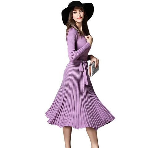Women's Knitted Pleated V-Neck Midi Dress High Waist Bowtie Lace Up Vintage Woman's Dresses 2019 Summer Fashion Female Clothes