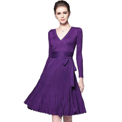Women's Knitted Pleated V-Neck Midi Dress High Waist Bowtie Lace Up Vintage Woman's Dresses 2019 Summer Fashion Female Clothes
