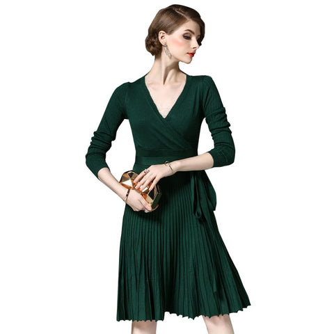 Women's Knitted Pleated V-Neck Midi Dress High Waist Bowtie Lace Up Vintage Woman's Dresses 2019 Summer Fashion Female Clothes